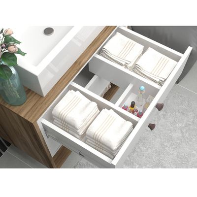 Balcão Gabinete Para Banheiro 60cm Com 02 Gavetas Gael B06 Branco Nogal - Lyam Decor