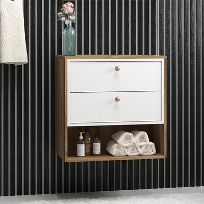 Balcão Gabinete Para Banheiro 60cm Com 02 Gavetas Gael B06 Branco Nogal - Lyam Decor