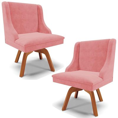 Kit 2 Cadeiras Decorativas Sala de Jantar Base Giratória de Madeira Firenze Suede Rosê/Natural G19 - Gran Belo