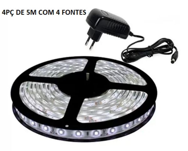 Kit 4 Fita Led 5050 Branco frio 3000k 5m Bivolt Com Fonte