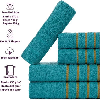 Jogo 5pçs 2 Banho + 2 Rosto + 1 Tapete P/Banheiro 100% Algodão Alta Absorção - Verde Jade