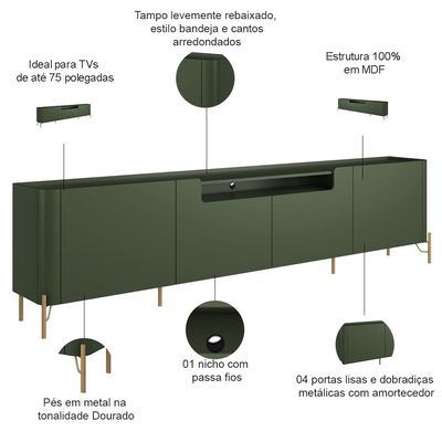 Rack Para Sala de Estar TV 75 Pol 4 Portas Pés Industrial Dourado Alef I03 Musgo - Lyam Decor