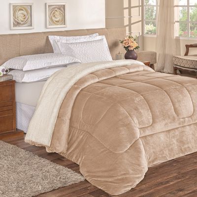 Coberdrom Apollo Solteiro Sherpa Manta Flannel Toque Lã de Carneiro 1 Peça - Cáqui
