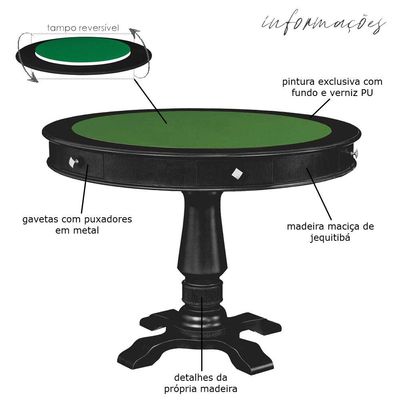 Mesa de Jogos Carteado Victoria Tampo Reversível com Kit 4 Cadeiras Liverpool PU Preto Matelassê