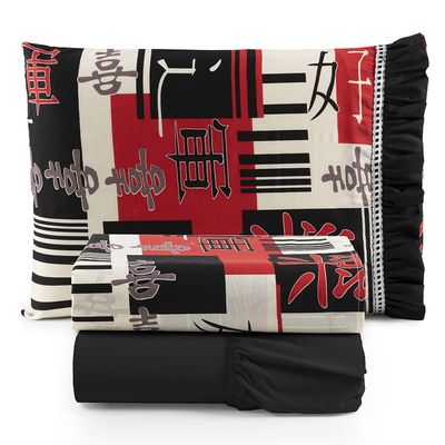 Jogo Cama Lençol Fiore Solteiro Estampado 180 Fios 100% Algodão com Babadinho 3 Peças Preto Oriental Japonês