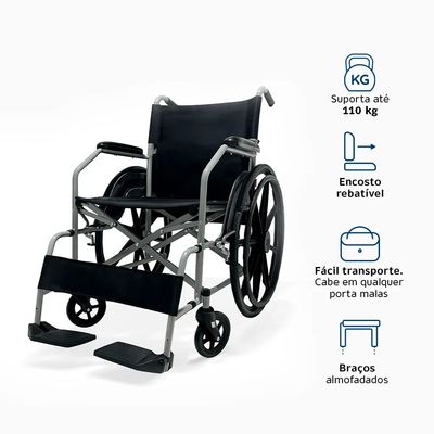 Cadeira de Rodas Manual Até 100kg com Encosto Rebatível D100 POP Dellamed Cinza Escuro