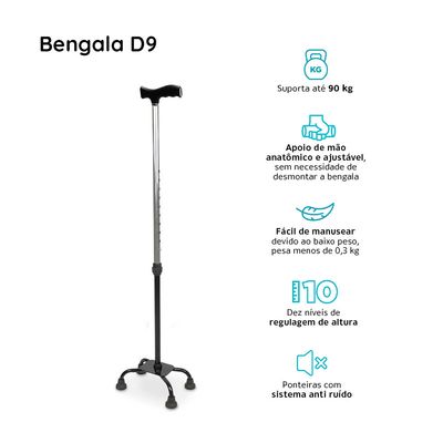 Bengala 4 Pontas com Regulagem de Altura até 90 Kg D9 Dellamed Preto