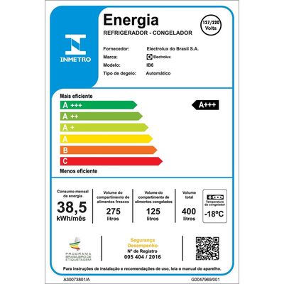 Geladeira Electrolux Frost Free Inverter 400L Efficient AutoSense e Rapid Freeze Inverse Branca (IB6) Bivolt