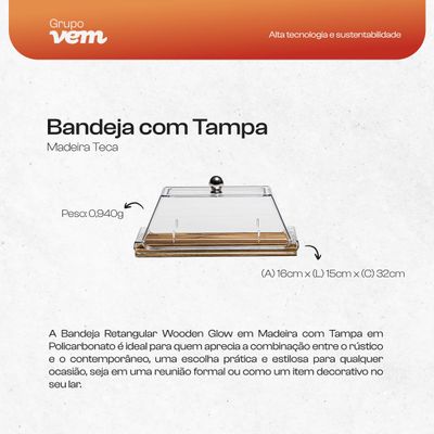 Bandeja Retangular Wooden Glow 32x15cm em Madeira Teca com Tampa em Policarbonato