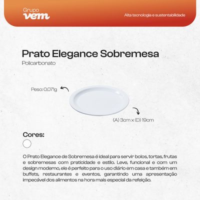 Prato Elegance de Sobremesa 19cm Branco em Policarbonato