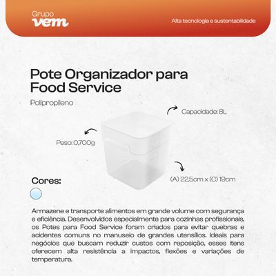 Pote Organizador para Food Service 8 Litros com Medidor em Polipropileno