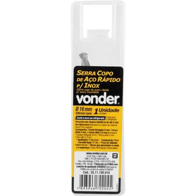 Serra Copo De Aço Rápido 16 Mm Para Inox Vonder