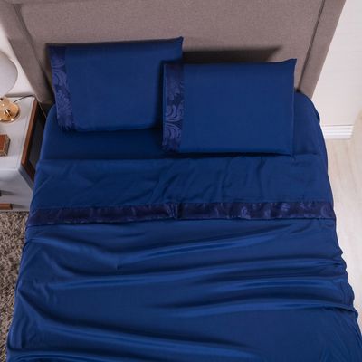 Jogo de Lençol Zurique Queen 4 Peças Micro Percal 400 Fios Friso Decorativo - Azul Marinho