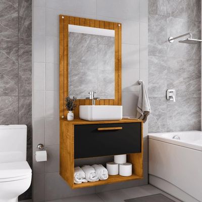 Conjunto Gabinete Com Espelheira Para Banheiro Orion Naturalle Preto Fosco