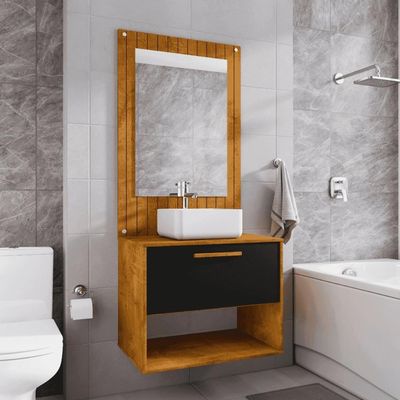 Conjunto Gabinete Com Espelheira Para Banheiro Orion Naturalle Preto Fosco