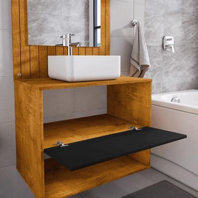 Conjunto Gabinete Com Espelheira Para Banheiro Orion Naturalle Preto Fosco