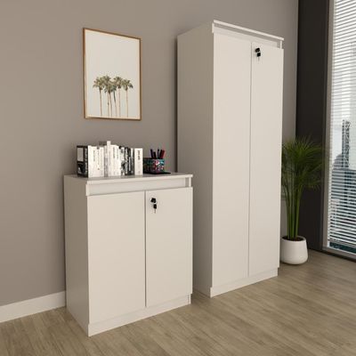 Kit 2 Peças Armário Escritório com 2 Portas com Chave Balcão Escritório com Chave 2 Portas Branco