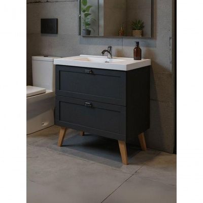 Gabinete Para Banheiro Com Cuba E Espelho Redondo 80cm Retro Mdf Grafite Milano - On Móveis
