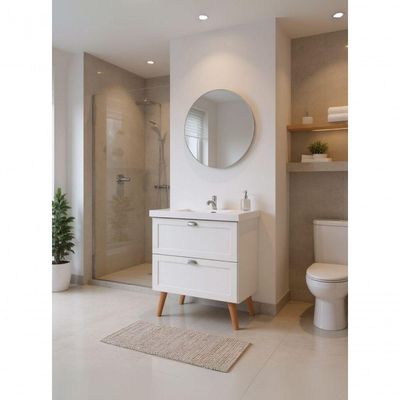 Gabinete Para Banheiro Com Cuba E Espelho Redondo 80cm Retro Mdf Branco Milano - On Móveis