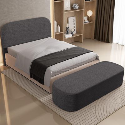 Cabeceira Cama Box King 195cm Lanna com Puff Recamier Doha W01 Linho Cinza Escuro - Lyam Decor