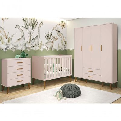 Jogo De Quarto Retrô Para Bebê Completo 4 Portas Isis Rosa Fosco - Moveisaqui
