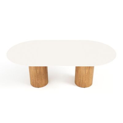 Mesa De Jantar West 270cm X 100cm 10 Lugares Lâmina Natural De Madeira Off White Vidro