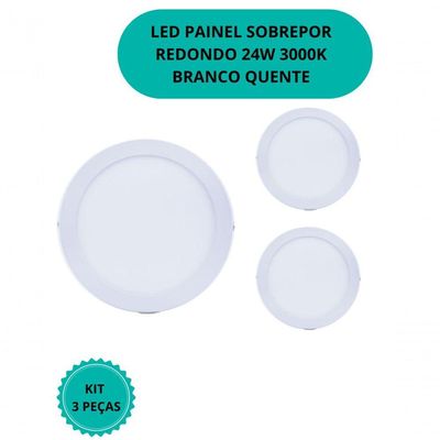 Plafon Led Sobrepor Redondo 24w 3000k Branco Quente Bivolt Kit 3