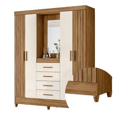 Guarda Roupa Atenas Quarto Casal 4 Portas 4 Gavetas Espelho Freijo Com Off White