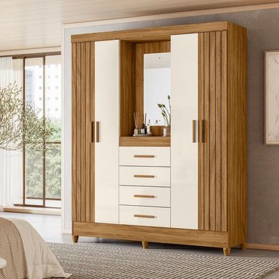 Guarda Roupa Atenas Quarto Casal 4 Portas 4 Gavetas Espelho Freijo Com Off White