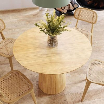 Mesa De Jantar Redonda 100cm Scandi 4 Lugares Lamina Natural De Madeira Damasco