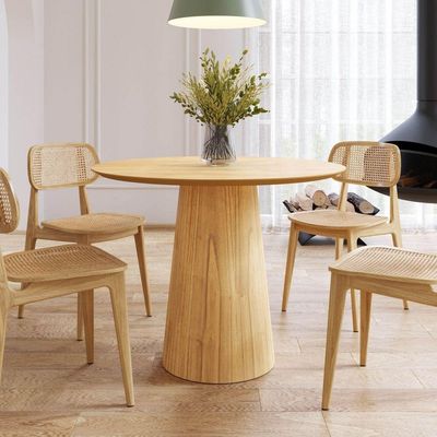 Mesa De Jantar Redonda 100cm Scandi 4 Lugares Lamina Natural De Madeira Damasco