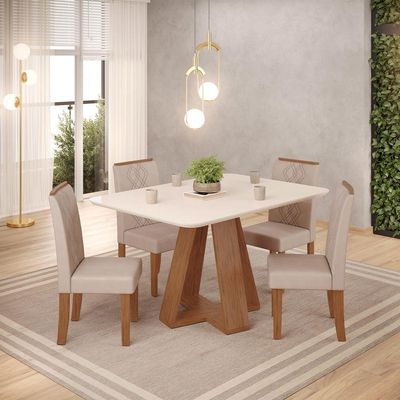 Mesa De Jantar Kiara Tampo Chanfrado Curvo Freijó Com Quartzo