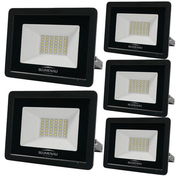 Kit 5 Refletor De Led Slim 30w Prova Dágua Preto Bivolt 6500k Frio