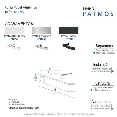 Porta Papel Higiênico Para Banheiro Escovado Patmos Grego Metal