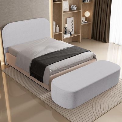 Cabeceira Cama Box King 195cm Lanna com Puff Recamier Doha W01  Linho Cinza - Lyam Decor