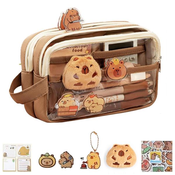 Estojo Transparente de 5 Camadas com Tema de Capivara marrom