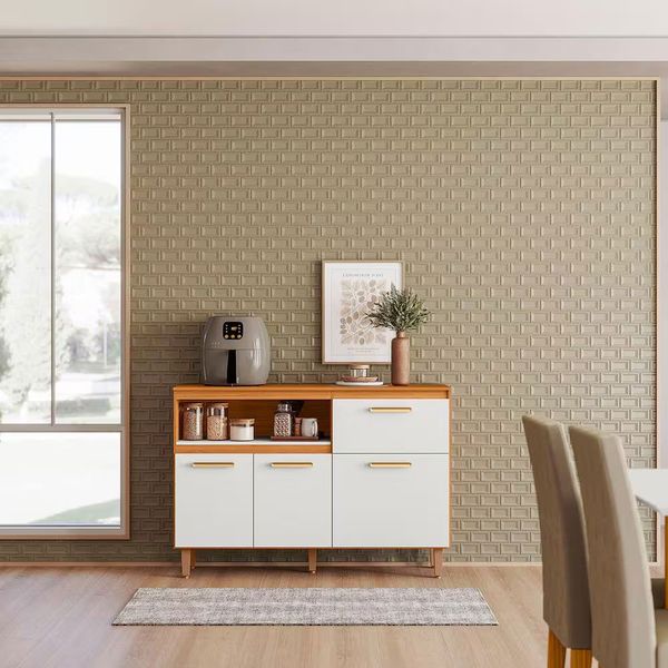 Balcão Cozinha Sicília 120cm 03 Portas 01 Gaveta Tampo MDP Poliman Freijó Off White Acetinado