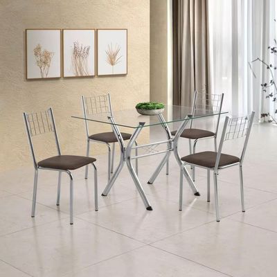 Conjunto Sala de Jantar Mesa Montana Tampo de Vidro 120x80cm e 4 Cadeiras Íris Aço Cromado Aço Nobre Incolor/Marrom