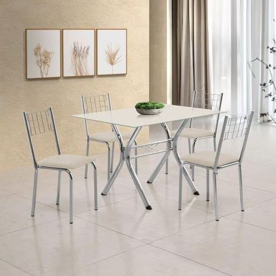 Conjunto Sala de Jantar Mesa Montana Tampo de Vidro 120x80cm e 4 Cadeiras Íris Aço Cromado Aço Nobre Off White/Bege