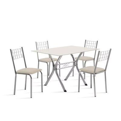 Conjunto Sala de Jantar Mesa Montana Tampo de Vidro 120x80cm e 4 Cadeiras Íris Aço Cromado Aço Nobre Off White/Bege