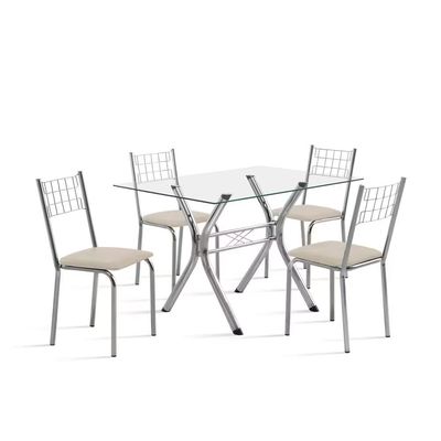 Conjunto Sala de Jantar Mesa Montana Tampo de Vidro 120x80cm e 4 Cadeiras Íris Aço Cromado Aço Nobre Incolor/Bege