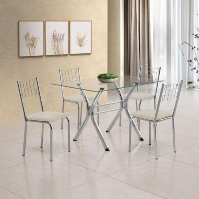 Conjunto Sala de Jantar Mesa Montana Tampo de Vidro 120x80cm e 4 Cadeiras Íris Aço Cromado Aço Nobre Incolor/Bege