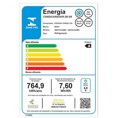 Ar Condicionado Midea Split Hi Wall Inverter Ai Ecomaster 24.000 Btus Frio 38EZVCA24M5 220V