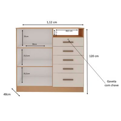 Cômoda 2 Portas 5 Gavetas 112cm MDP Guatemala Freijó/White Laca Genialflex Freijó/White Laca