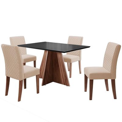 Mesa de Jantar Retangular Dublin com 4 Cadeiras Revestidas em Tecido Veloplus Dobuê Cedro/Preto/Bege