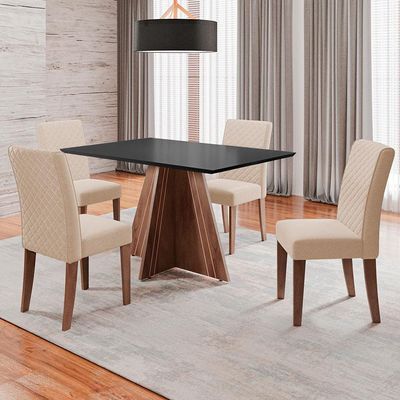Mesa de Jantar Retangular Dublin com 4 Cadeiras Revestidas em Tecido Veloplus Dobuê Cedro/Preto/Bege
