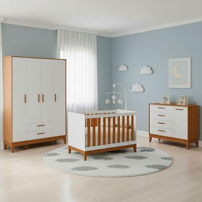 Jogo De Quarto Para Bebe Completo 4 Portas Flip Branco Com Savana