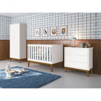 Jogo De Quarto Para Bebê Completo 2 Portas Classic New Branco Fosco Com Madeira - Reller
