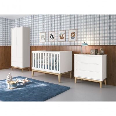 Jogo De Quarto Para Bebê Completo 2 Portas Classic New Branco Fosco Com Natural - Moveisaqui