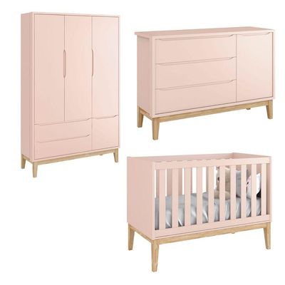 Jogo De Quarto Para Bebê Completo 3 Portas Classic New Rosa Fosco Com Natural - Reller